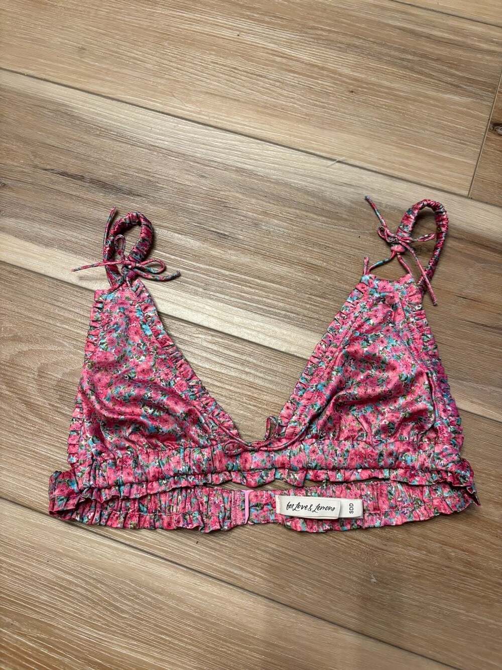 For Love & Lemons Floral Print Tie Shoulder Ruffle Bikini Top